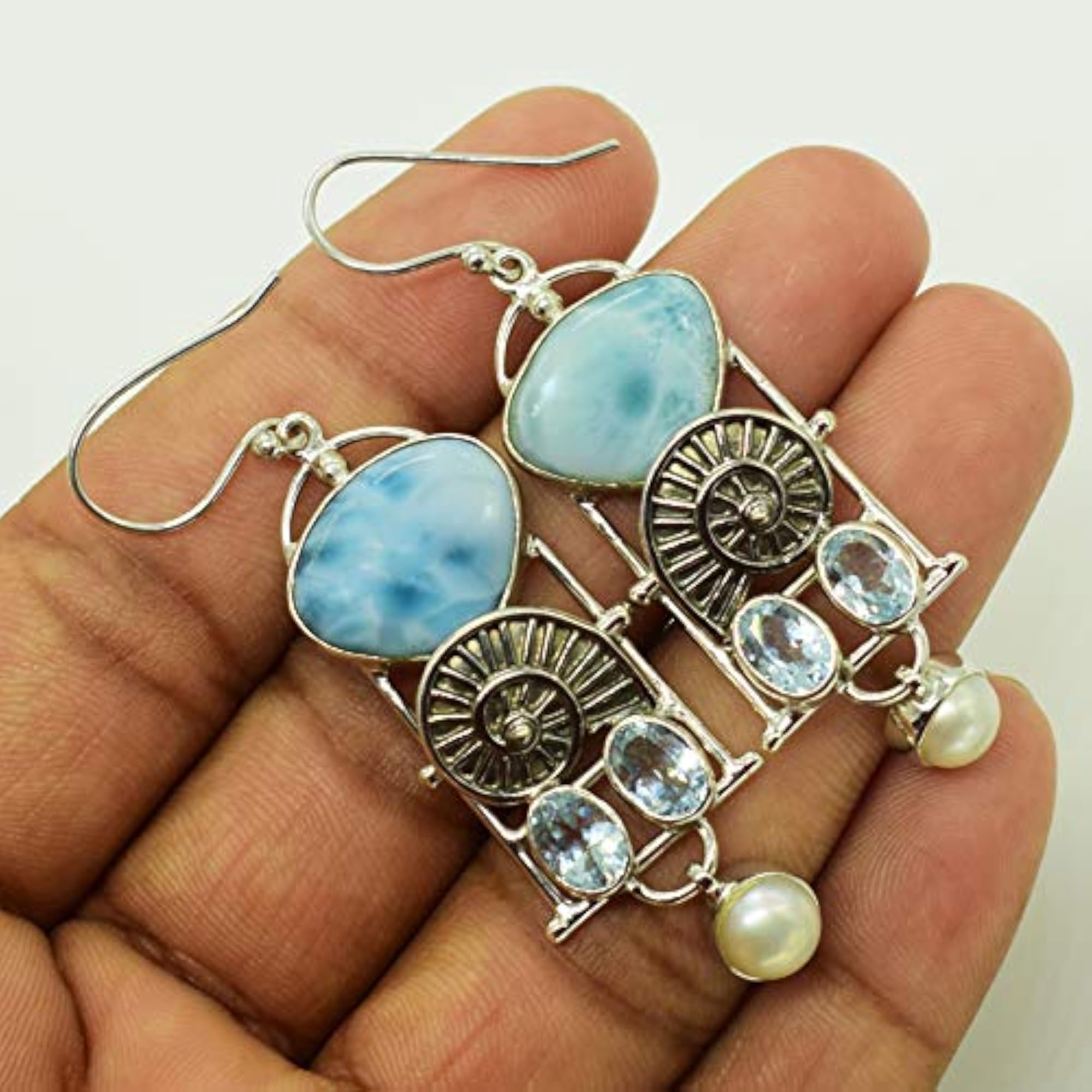 Women's Larimar, Blue Topaz & Pearl Dangle Earrings, Handmade Gift